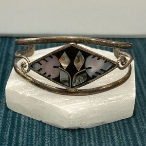 Vintage Black Enamel Mother of Pearl Inlay Alpaca Bracelet Mexico